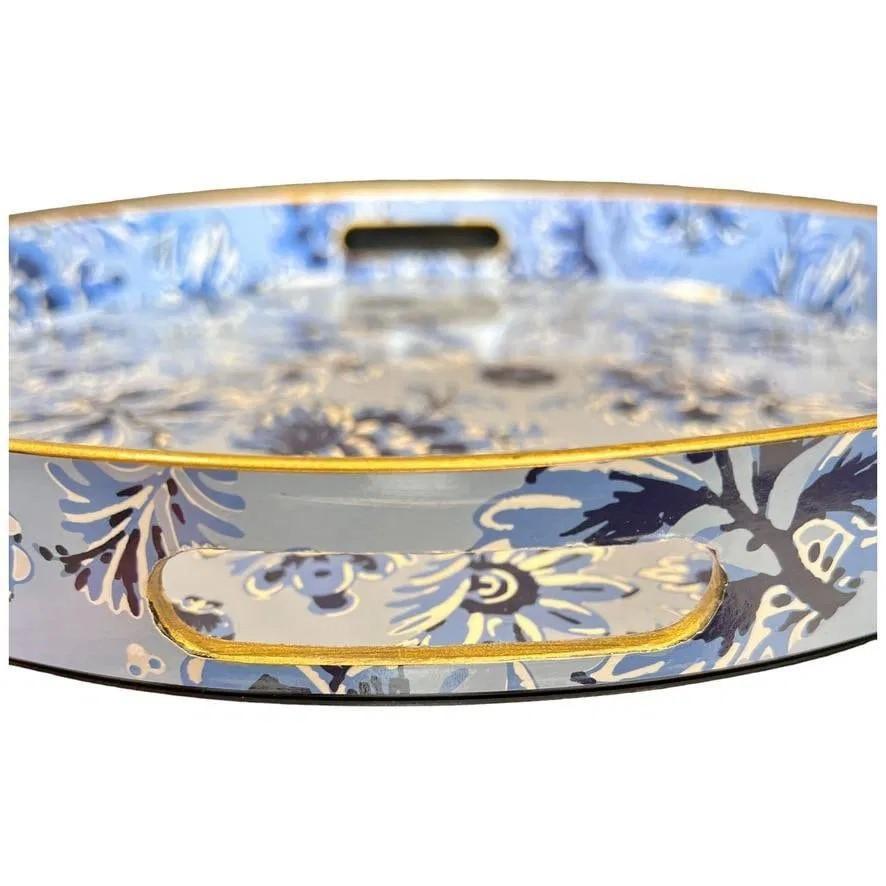 Round Decorative Serving Tray Blue and White Chinoiserie Floral Pattern, Brand New