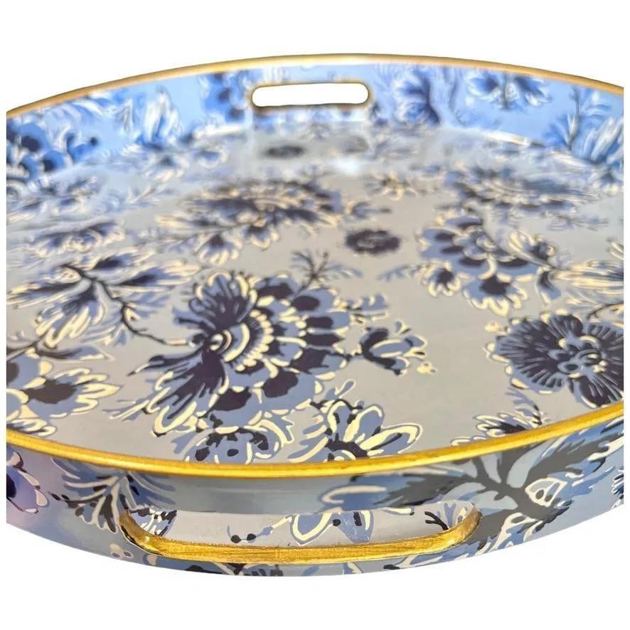 Round Decorative Serving Tray Blue and White Chinoiserie Floral Pattern, Brand New