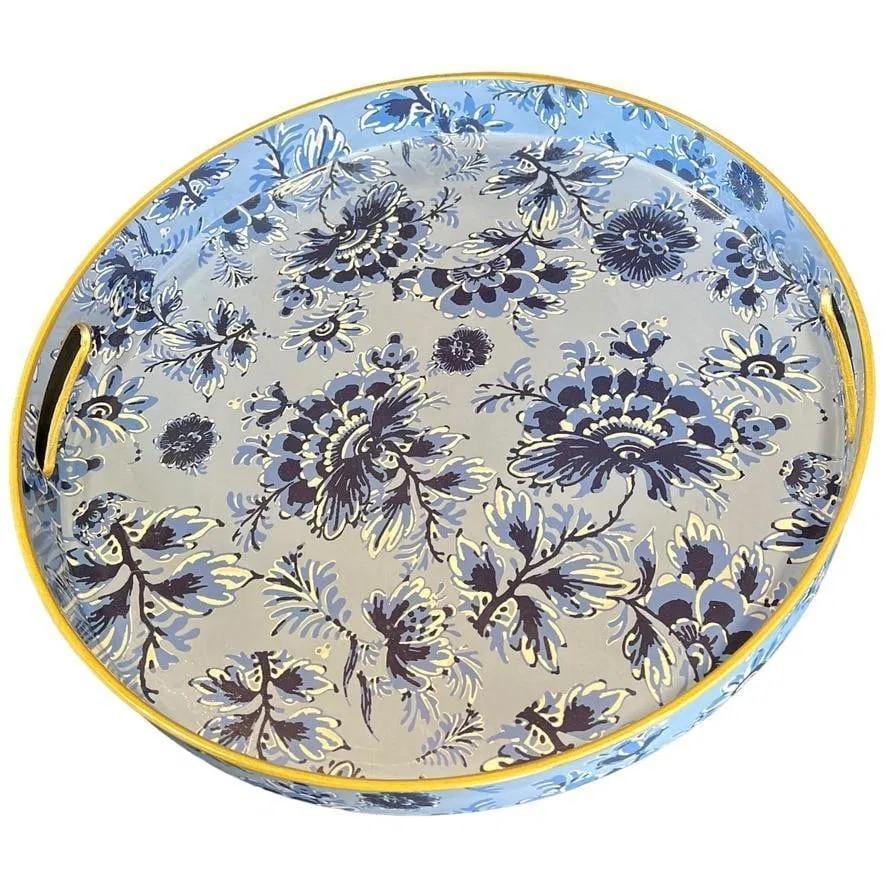 Round Decorative Serving Tray Blue and White Chinoiserie Floral Pattern, Brand New