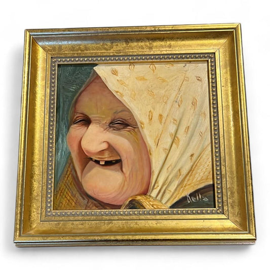 Charming Original Hand Painted Oil on Canvas Painting of Russian Babushka Signed Kella, Gilt Frame