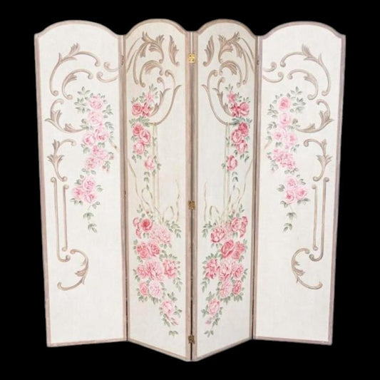 Vintage Florals and Scroll Motifs Rococo Style Hand Painted Privacy Screen Room Divider