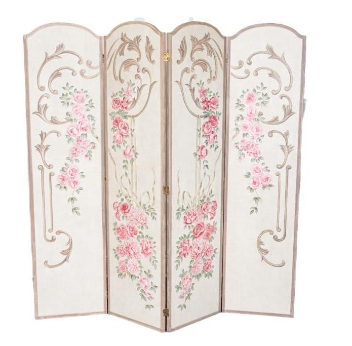 Vintage Florals and Scroll Motifs Rococo Style Hand Painted Privacy Screen Room Divider