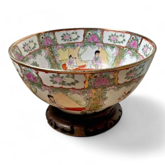 Famille Rose Medallion Chinese Decorative Punch Bowl on Wood Stand