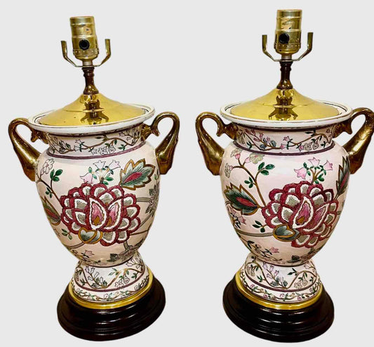 Rare Pair of Famille Rose Chinese Porcelain Table Lamp