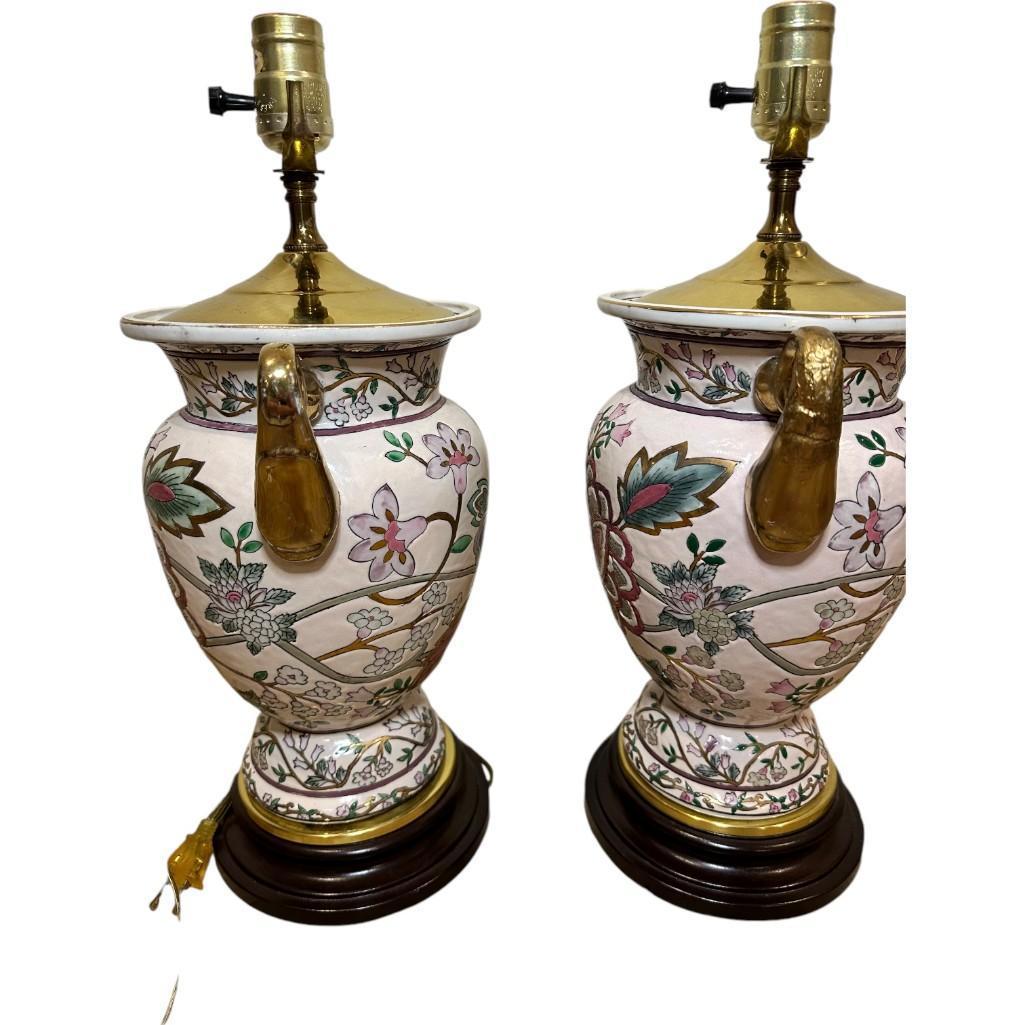 Rare Pair of Famille Rose Chinese Porcelain Table Lamp