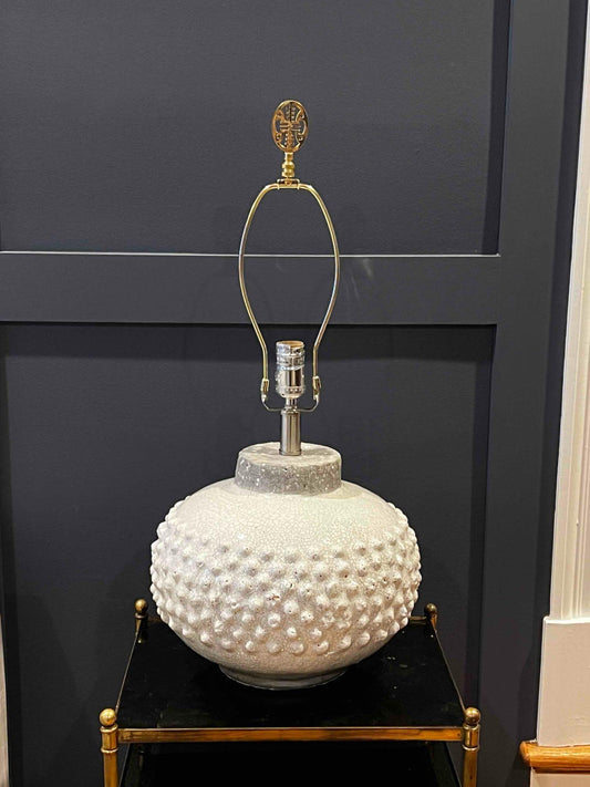 Ceramic Table Lamp with White Crackle Finish and Raised Rivets