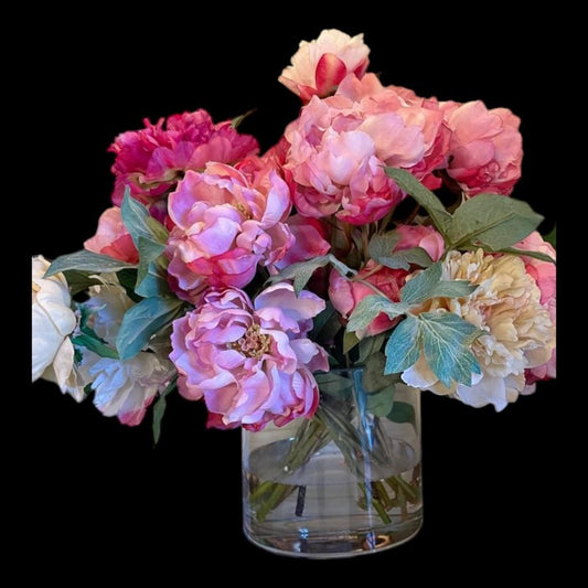 Diane James Peony Arrangement - Floral Arrangement Crafted of Polyester and Cotton in a Glass vase