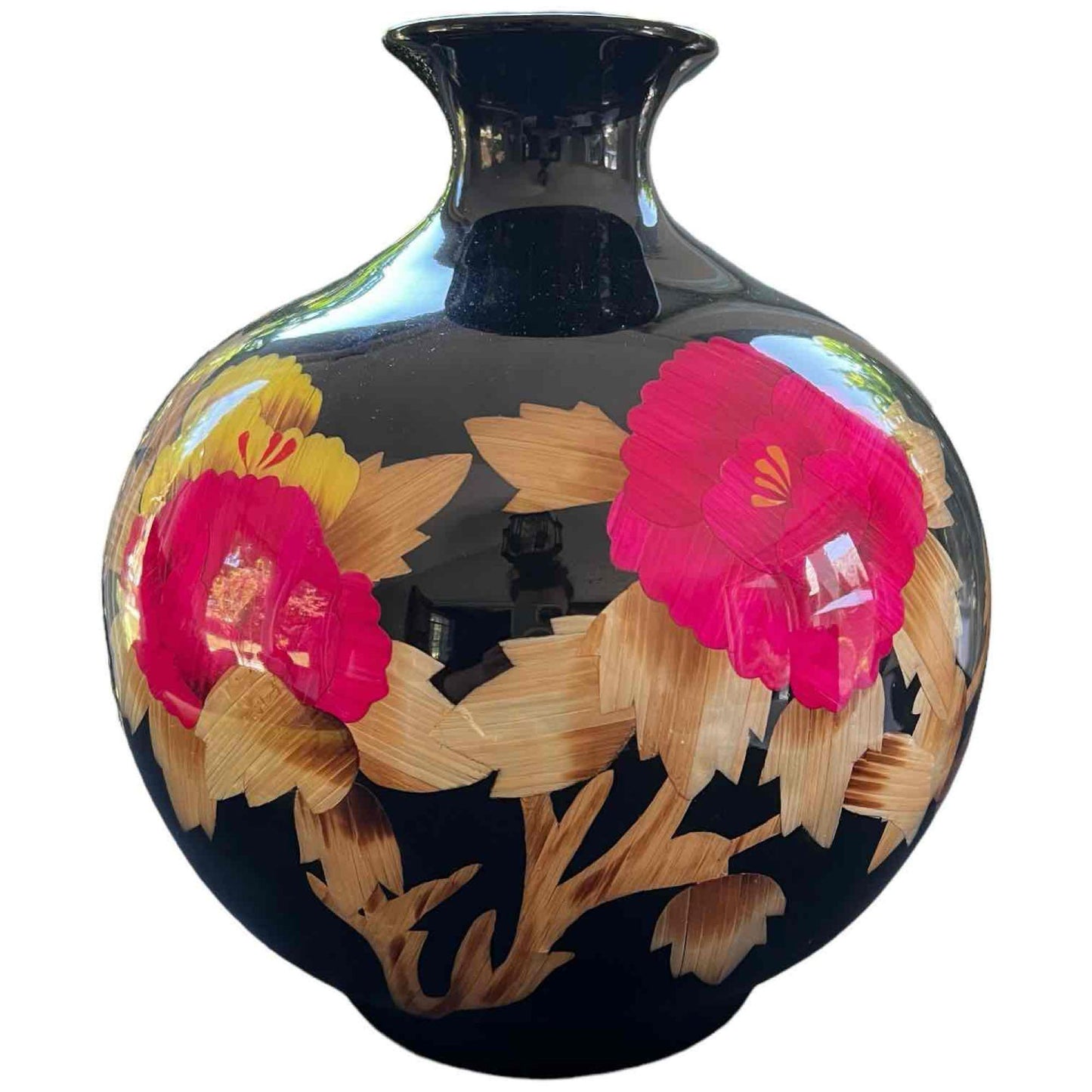 Vibrant Chinese Vase Black High Gloss Finish, Pink and Gold Floral Pattern with Gold Characters