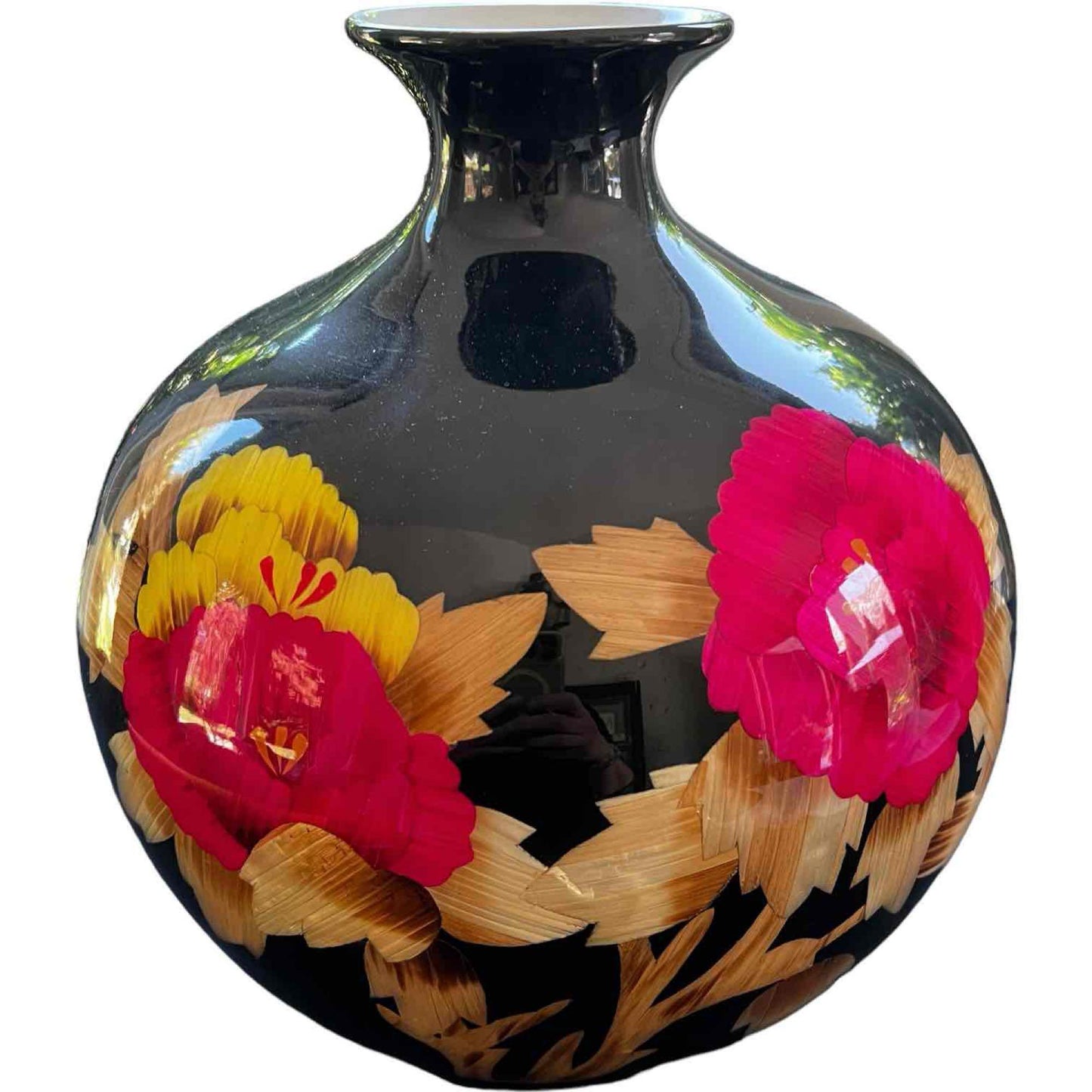 Vibrant Chinese Vase Black High Gloss Finish, Pink and Gold Floral Pattern with Gold Characters