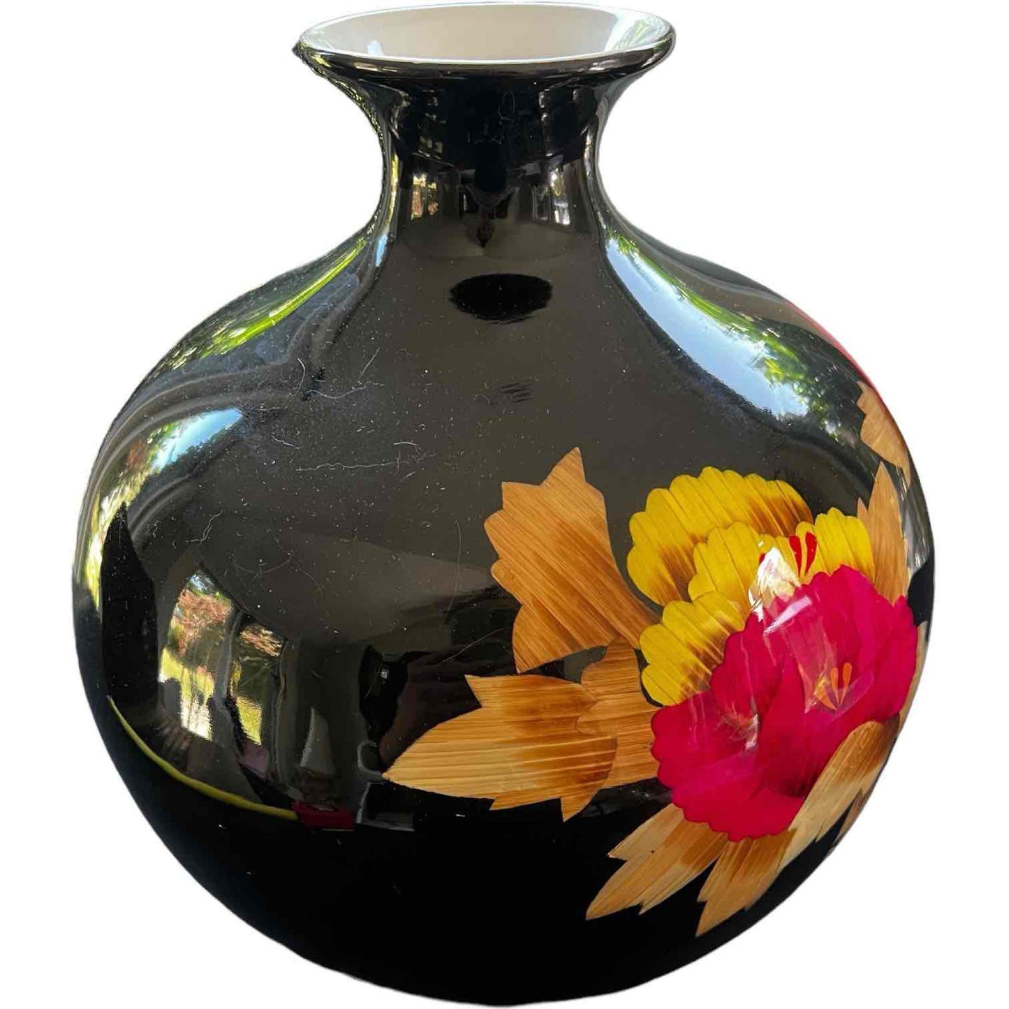 Vibrant Chinese Vase Black High Gloss Finish, Pink and Gold Floral Pattern with Gold Characters