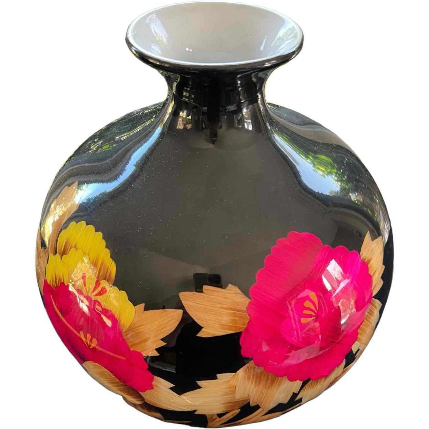 Vibrant Chinese Vase Black High Gloss Finish, Pink and Gold Floral Pattern with Gold Characters