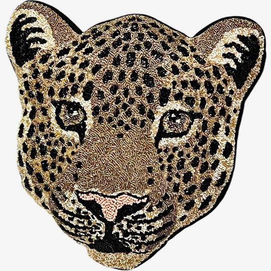 Leopard Face Accent Pillow Metallic Gold, Black Accent Hand Beaded Decorative Pillow