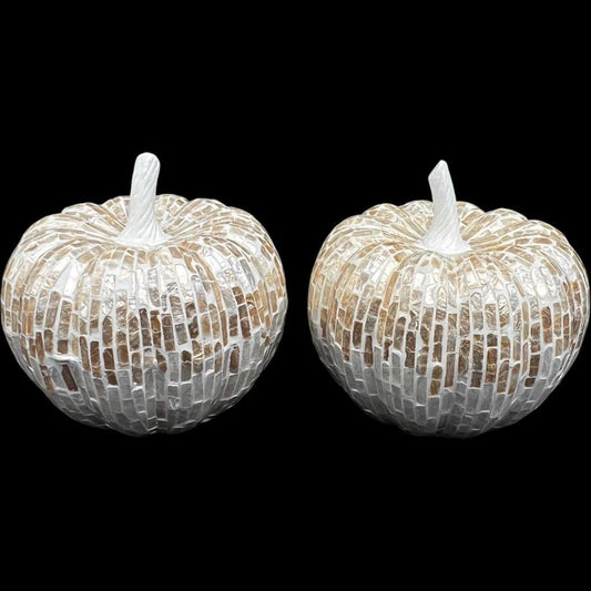 Pair of Chic White and Gold Capiz Mosaic Pumpkin Decorative Sculptures