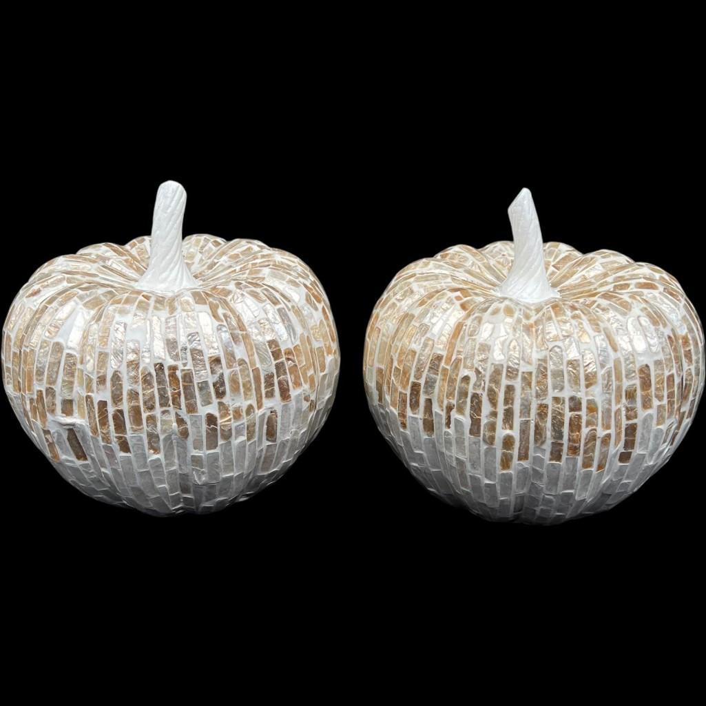 Pair of Chic White and Gold Capiz Mosaic Pumpkin Decorative Sculptures