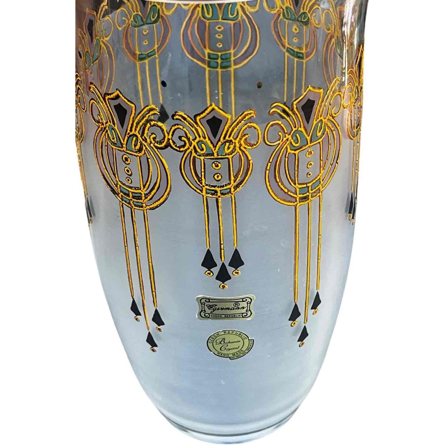 Vintage Egermann Czech Republic "Art Deco' Design Enameled & Stained Glass Vase