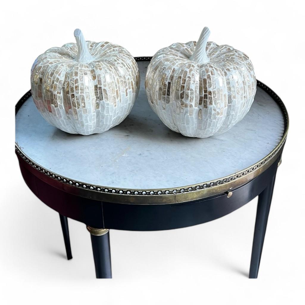 Pair of Chic White and Gold Capiz Mosaic Pumpkin Decorative Sculptures