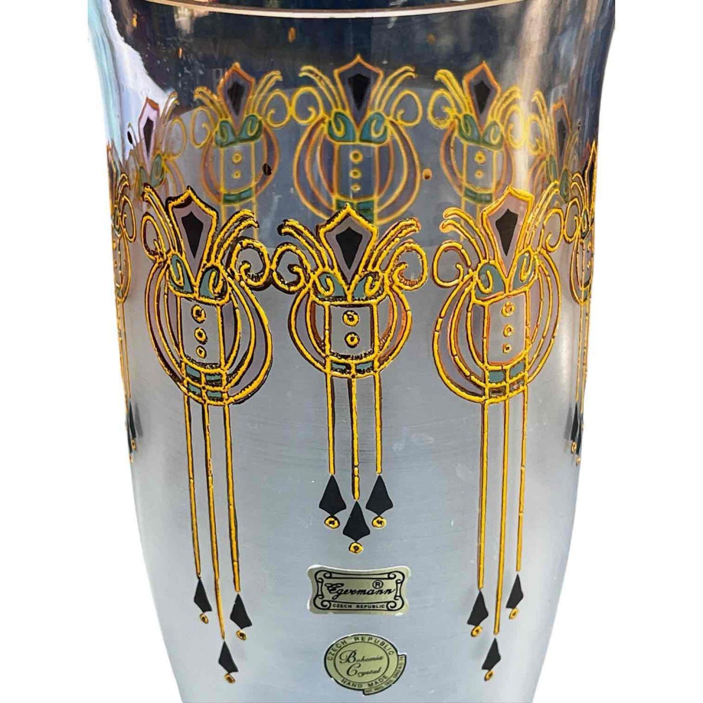 Vintage Egermann Czech Republic "Art Deco' Design Enameled & Stained Glass Vase