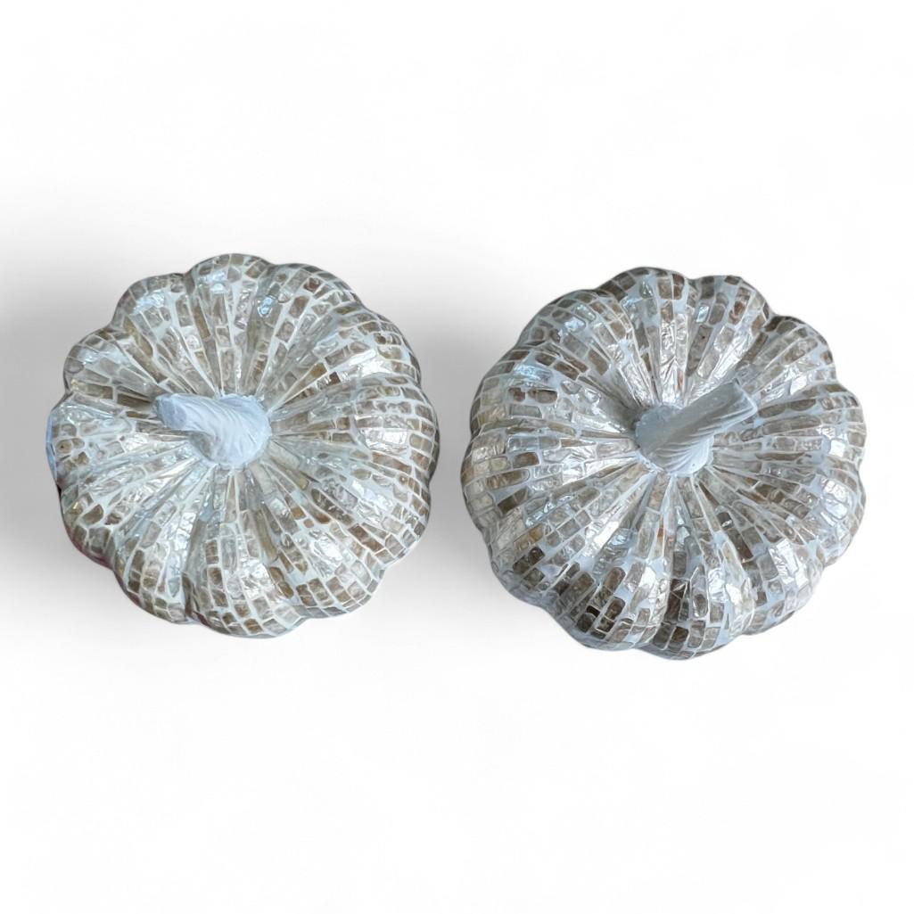 Pair of Chic White and Gold Capiz Mosaic Pumpkin Decorative Sculptures