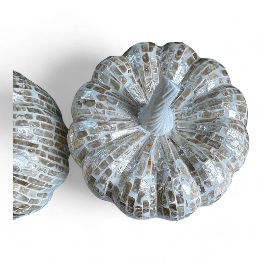 Pair of Chic White and Gold Capiz Mosaic Pumpkin Decorative Sculptures