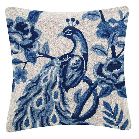 Peacock Blue and White Chinoiserie Style Wool Hook Decorative Accent Pillow