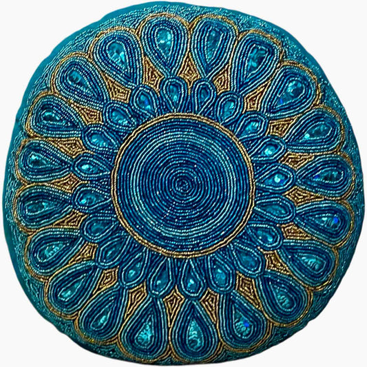 Boho Mandala Accent Pillow Teal Blue and Gold with Mandala Pattern Beaded