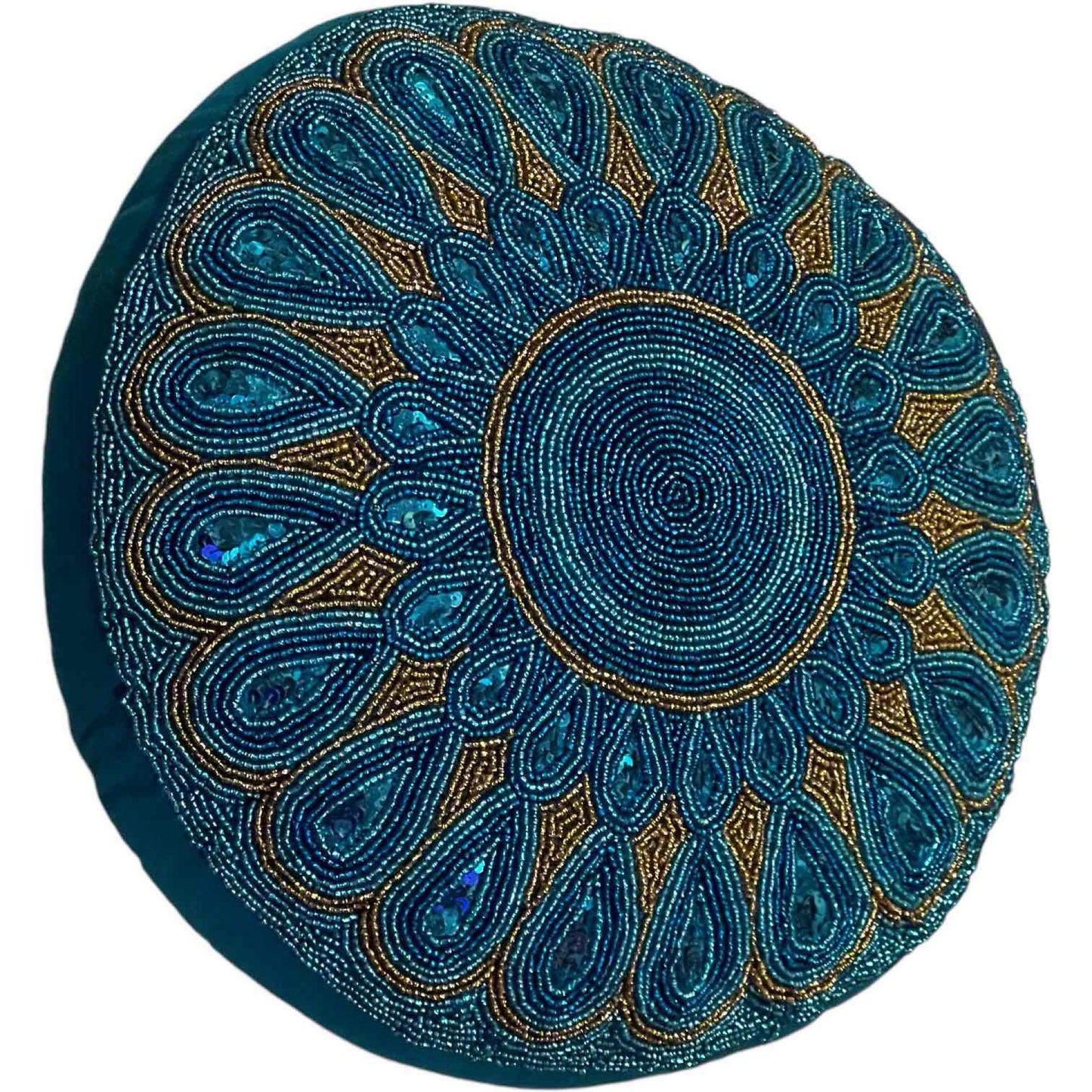 Boho Mandala Accent Pillow Teal Blue and Gold with Mandala Pattern Beaded