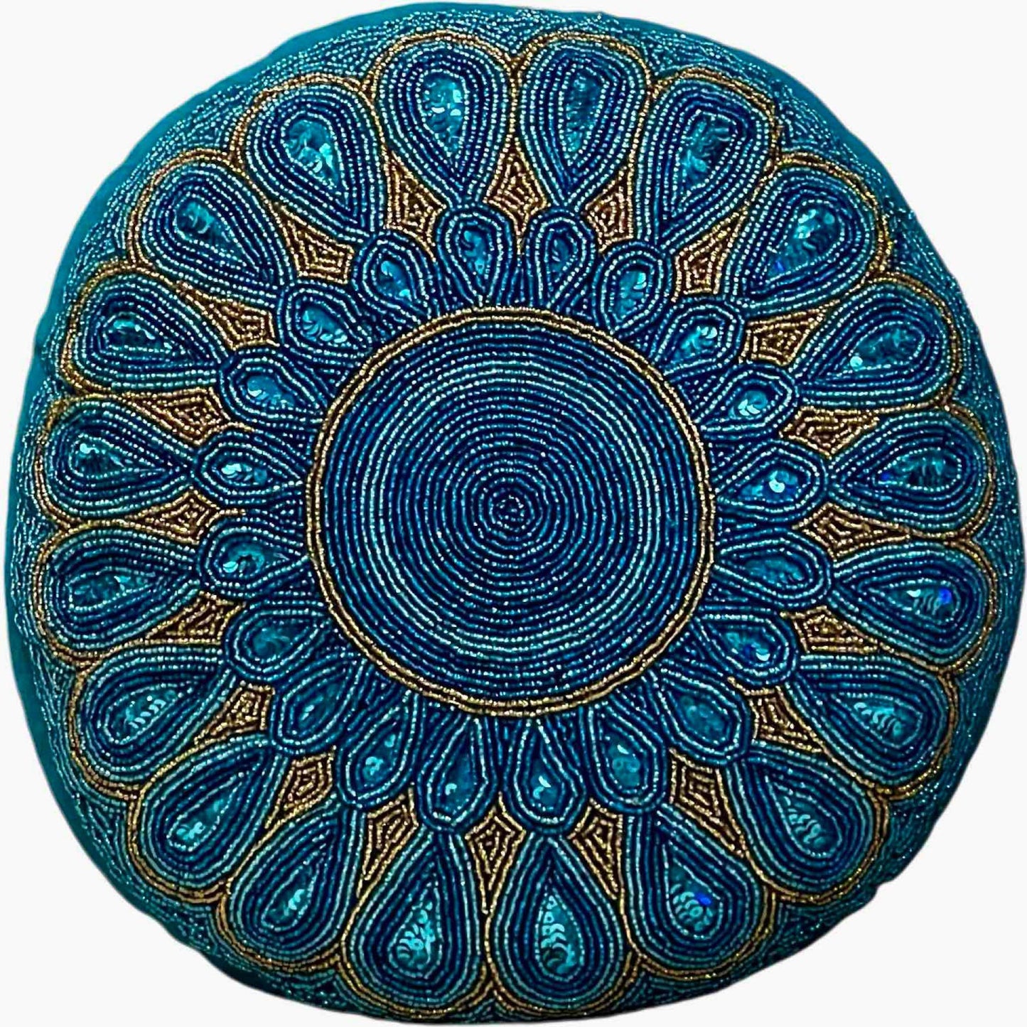 Boho Mandala Accent Pillow Teal Blue and Gold with Mandala Pattern Beaded