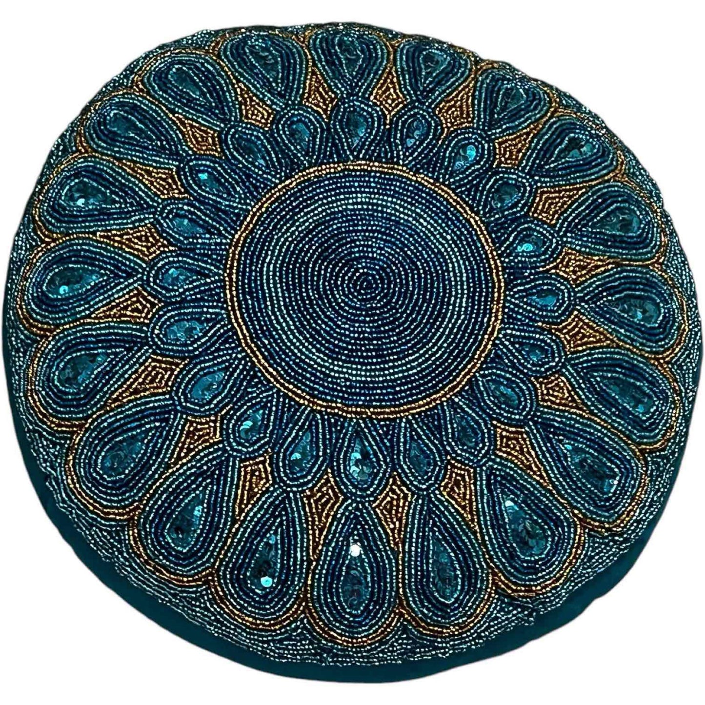 Boho Mandala Accent Pillow Teal Blue and Gold with Mandala Pattern Beaded