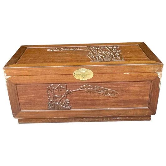 Fabulous Solid Wood Cedar Trunk with Sliding Shelf, Tropical Tree Carved Motif