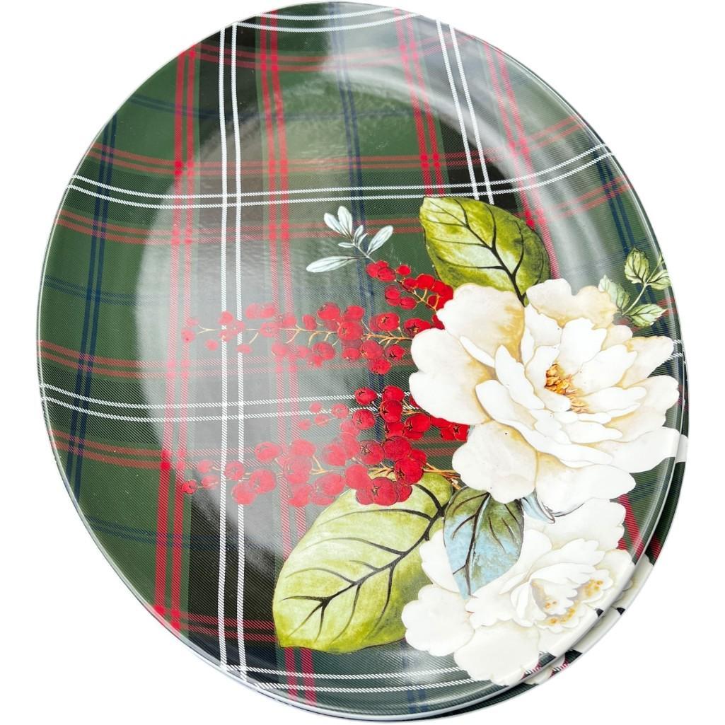 Williams Sonoma Porcelain Holiday Serving Platter – Magnolia & Berries with Festive Plaid Design