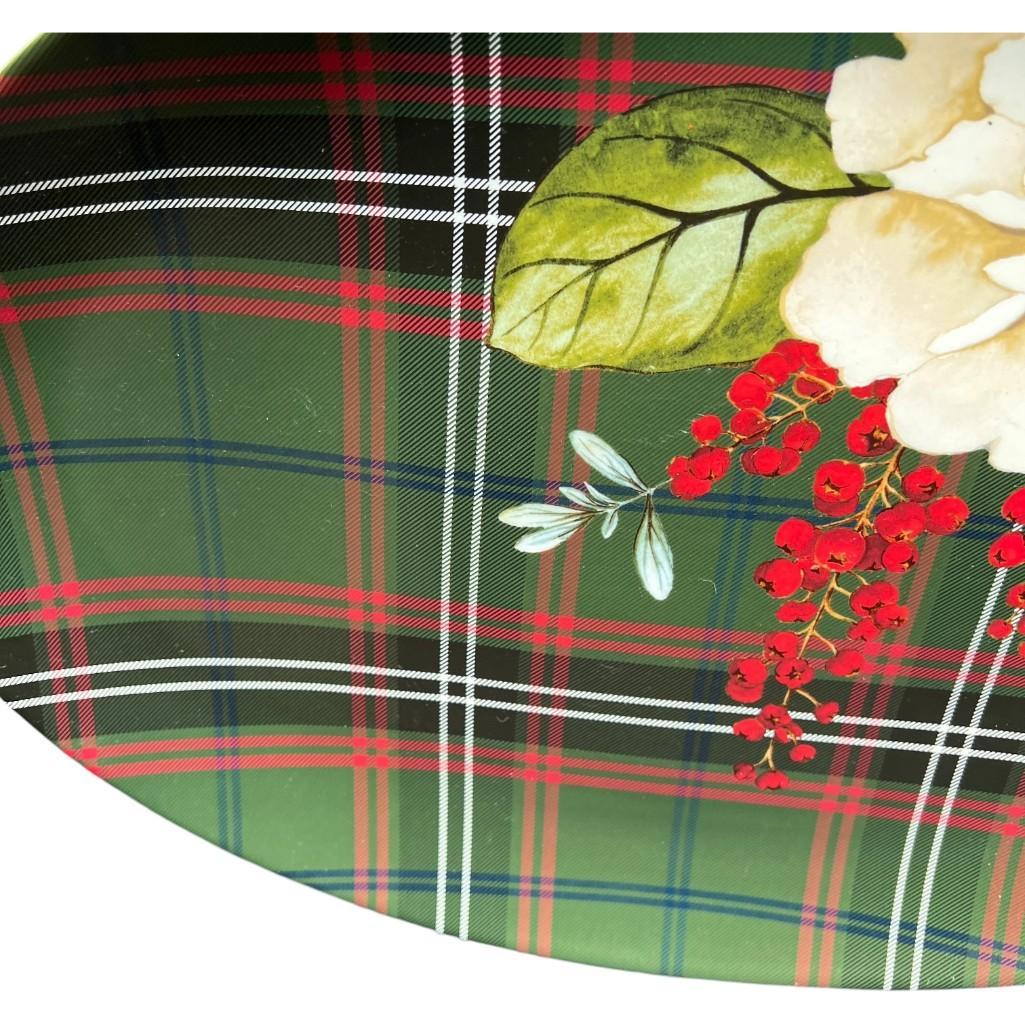 Williams Sonoma Porcelain Holiday Serving Platter – Magnolia & Berries with Festive Plaid Design