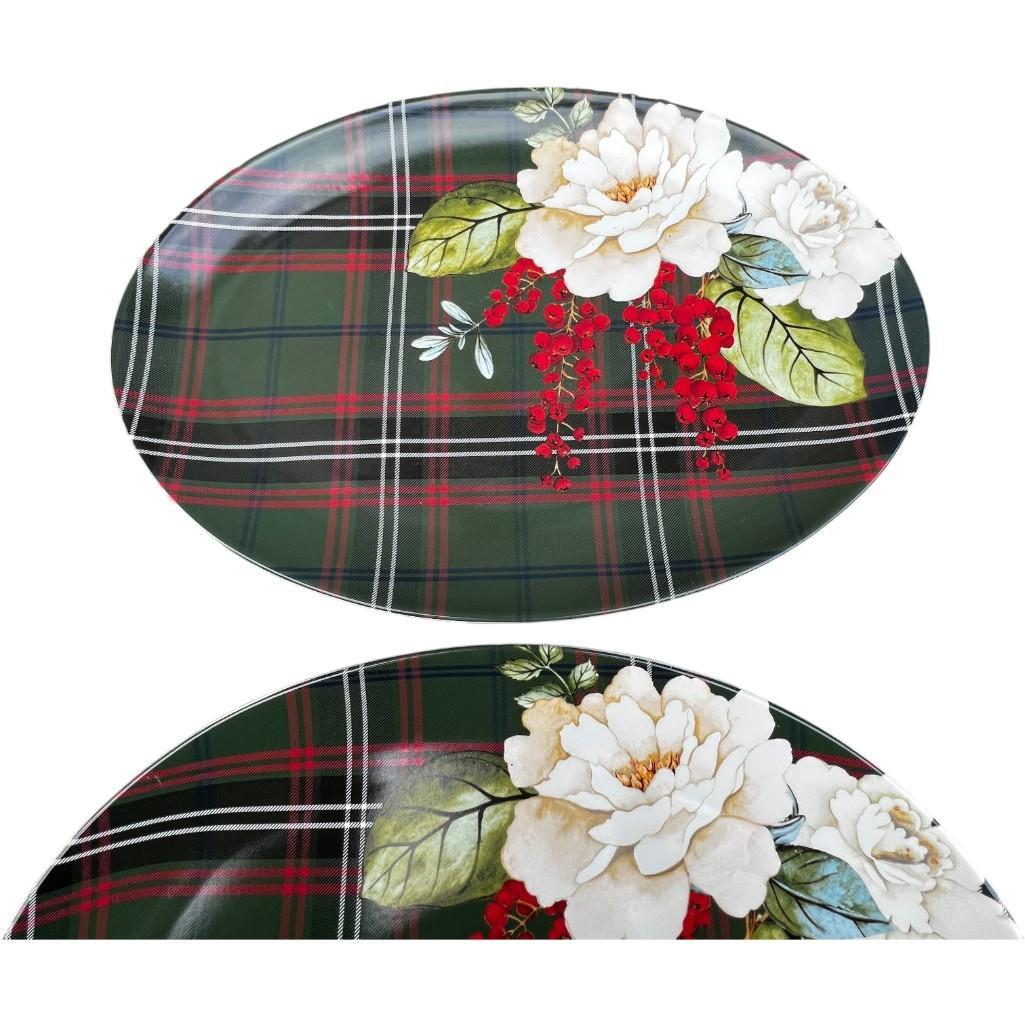 Williams Sonoma Porcelain Holiday Serving Platter – Magnolia & Berries with Festive Plaid Design