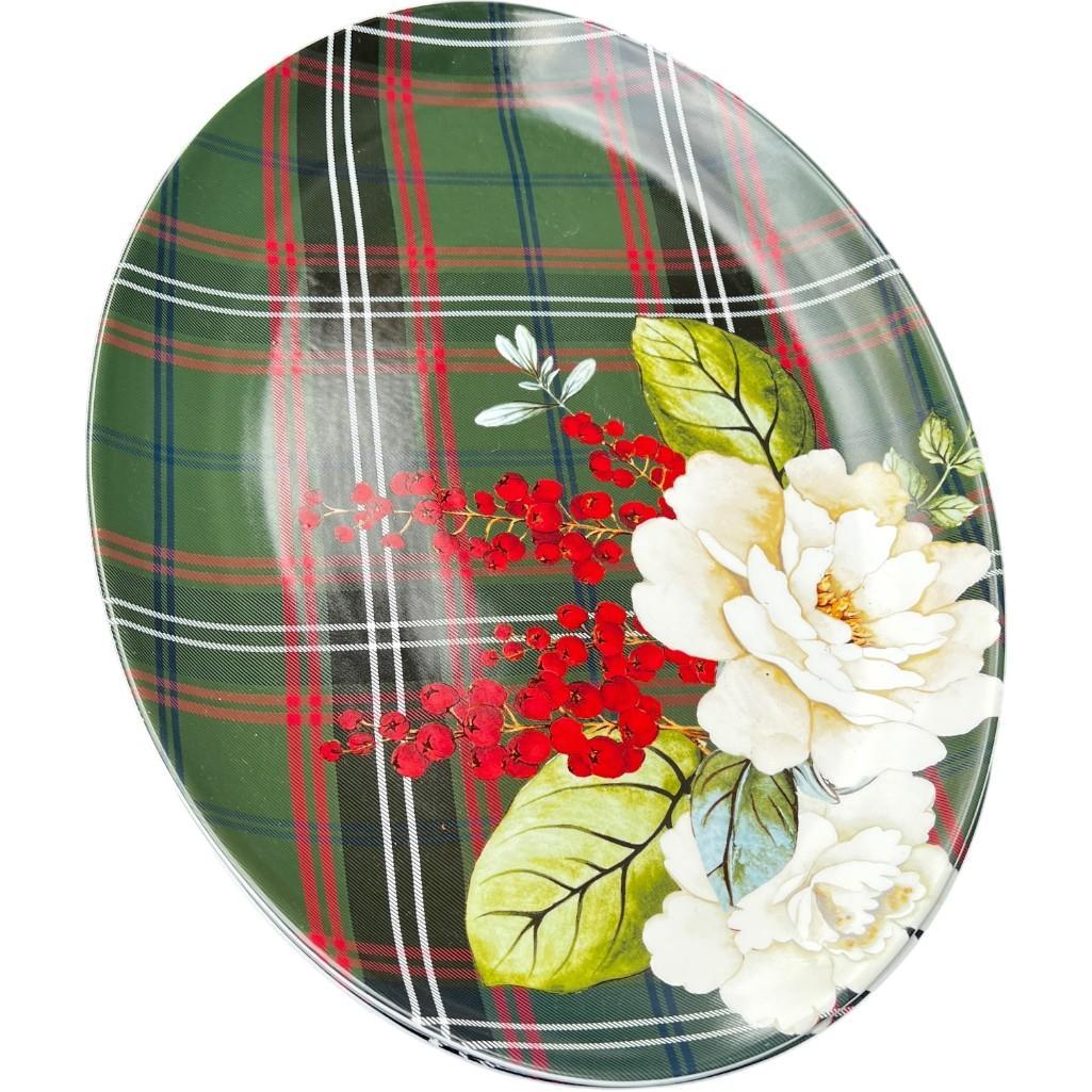 Williams Sonoma Porcelain Holiday Serving Platter – Magnolia & Berries with Festive Plaid Design