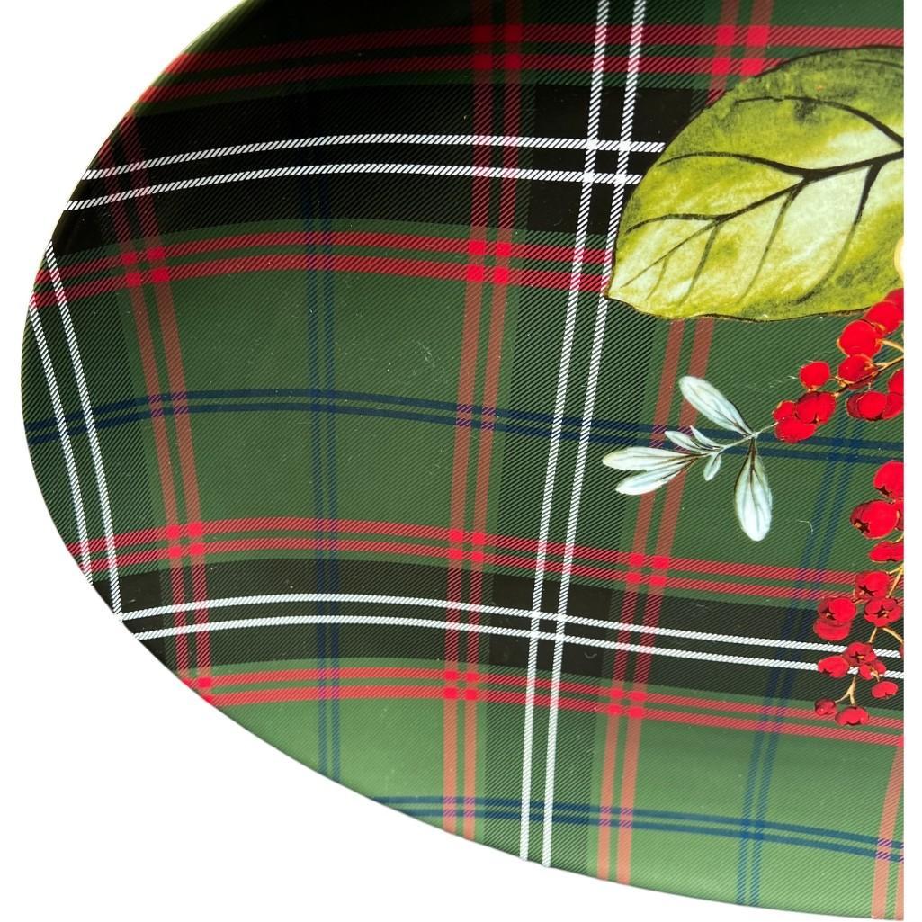 Williams Sonoma Porcelain Holiday Serving Platter – Magnolia & Berries with Festive Plaid Design