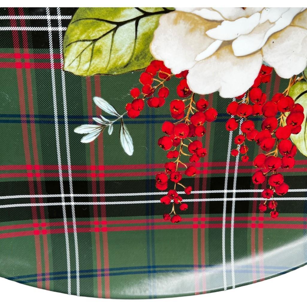 Williams Sonoma Porcelain Holiday Serving Platter – Magnolia & Berries with Festive Plaid Design