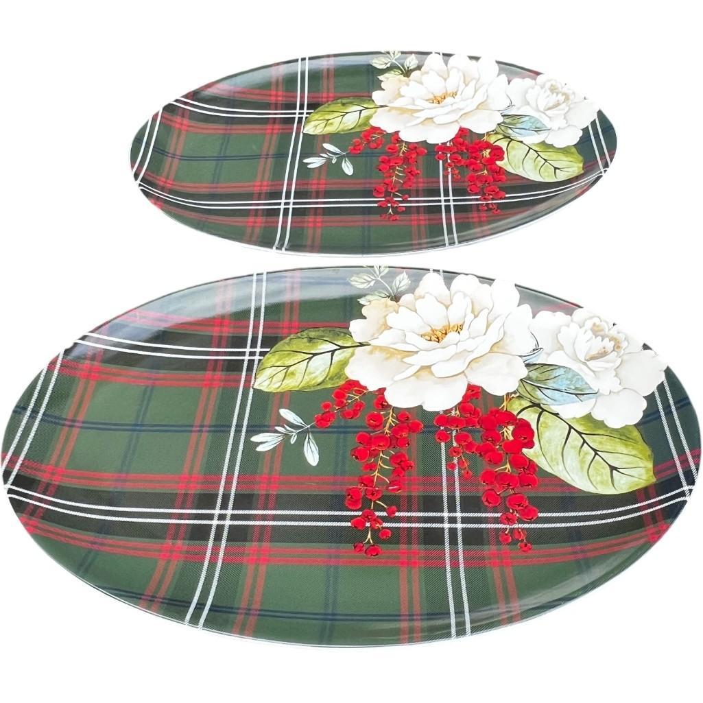 Williams Sonoma Porcelain Holiday Serving Platter – Magnolia & Berries with Festive Plaid Design