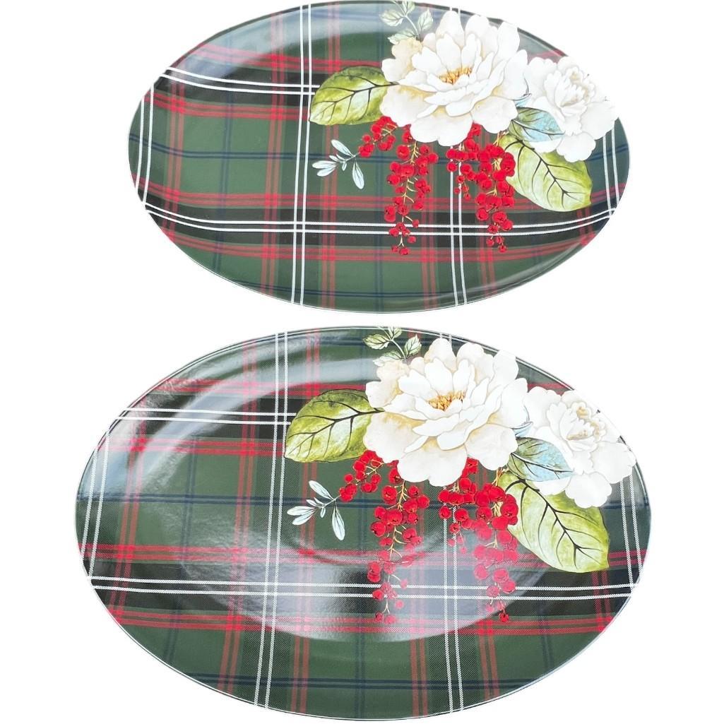 Williams Sonoma Porcelain Holiday Serving Platter – Magnolia & Berries with Festive Plaid Design