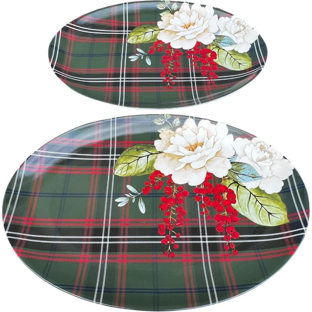 Williams Sonoma Porcelain Holiday Serving Platter – Magnolia & Berries with Festive Plaid Design