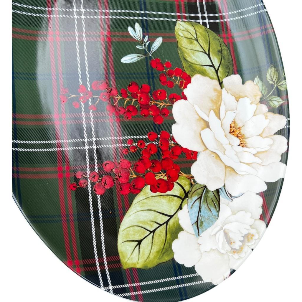 Williams Sonoma Porcelain Holiday Serving Platter – Magnolia & Berries with Festive Plaid Design