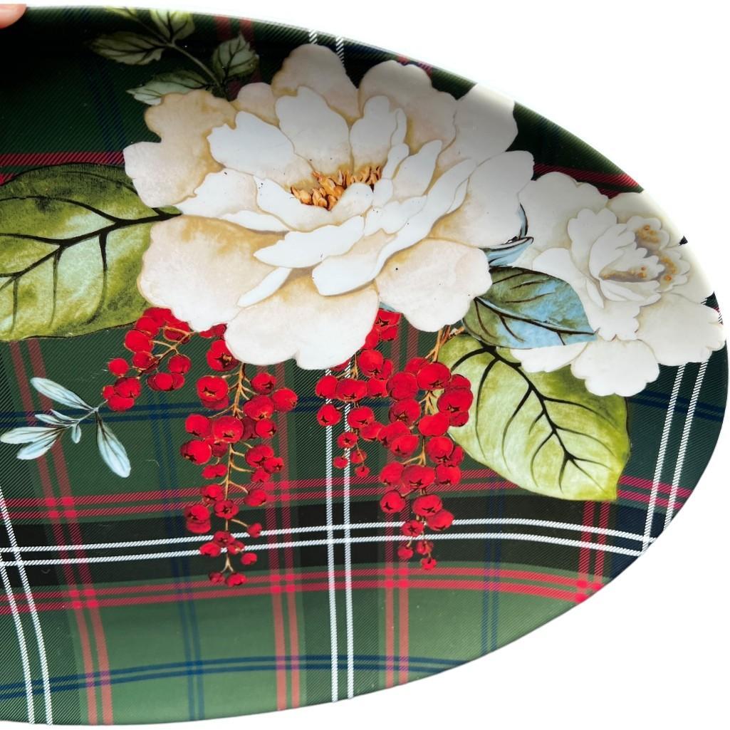 Williams Sonoma Porcelain Holiday Serving Platter – Magnolia & Berries with Festive Plaid Design