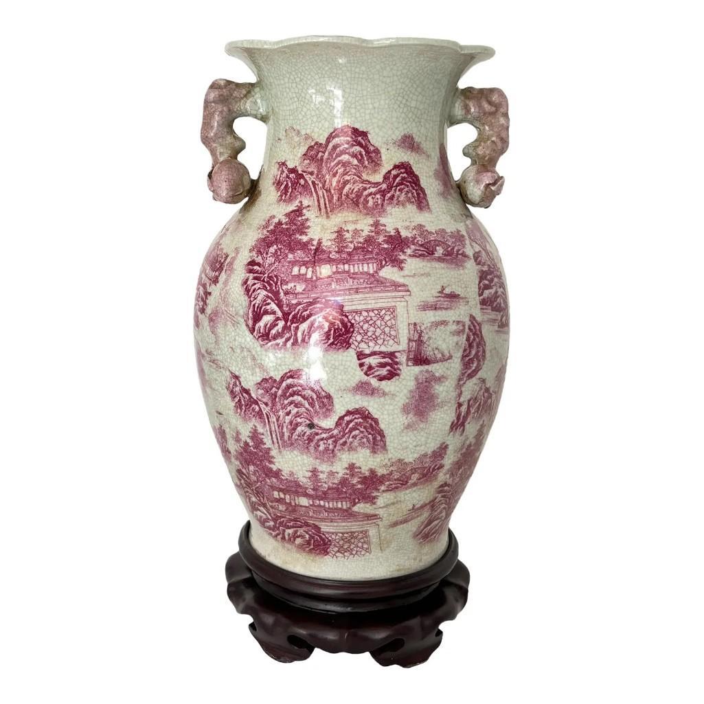 20th Century Raspberry Red Chinoiserie Vase With Pomegranate Handles on Wood Stand