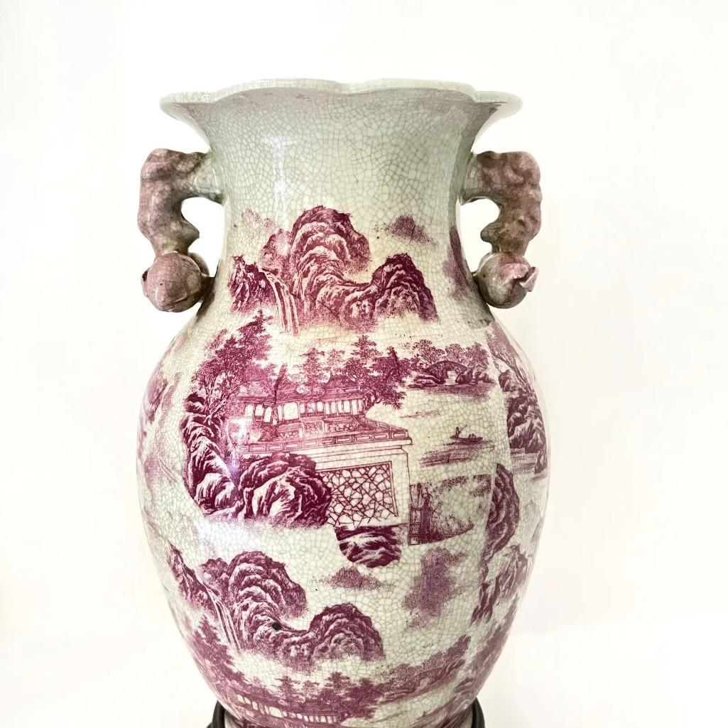 20th Century Raspberry Red Chinoiserie Vase With Pomegranate Handles on Wood Stand