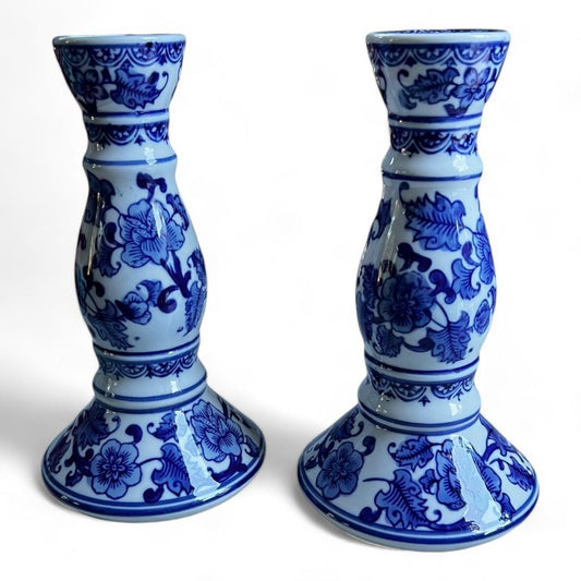 Chinoiserie Blue and White Candlestick Holders, a Pair