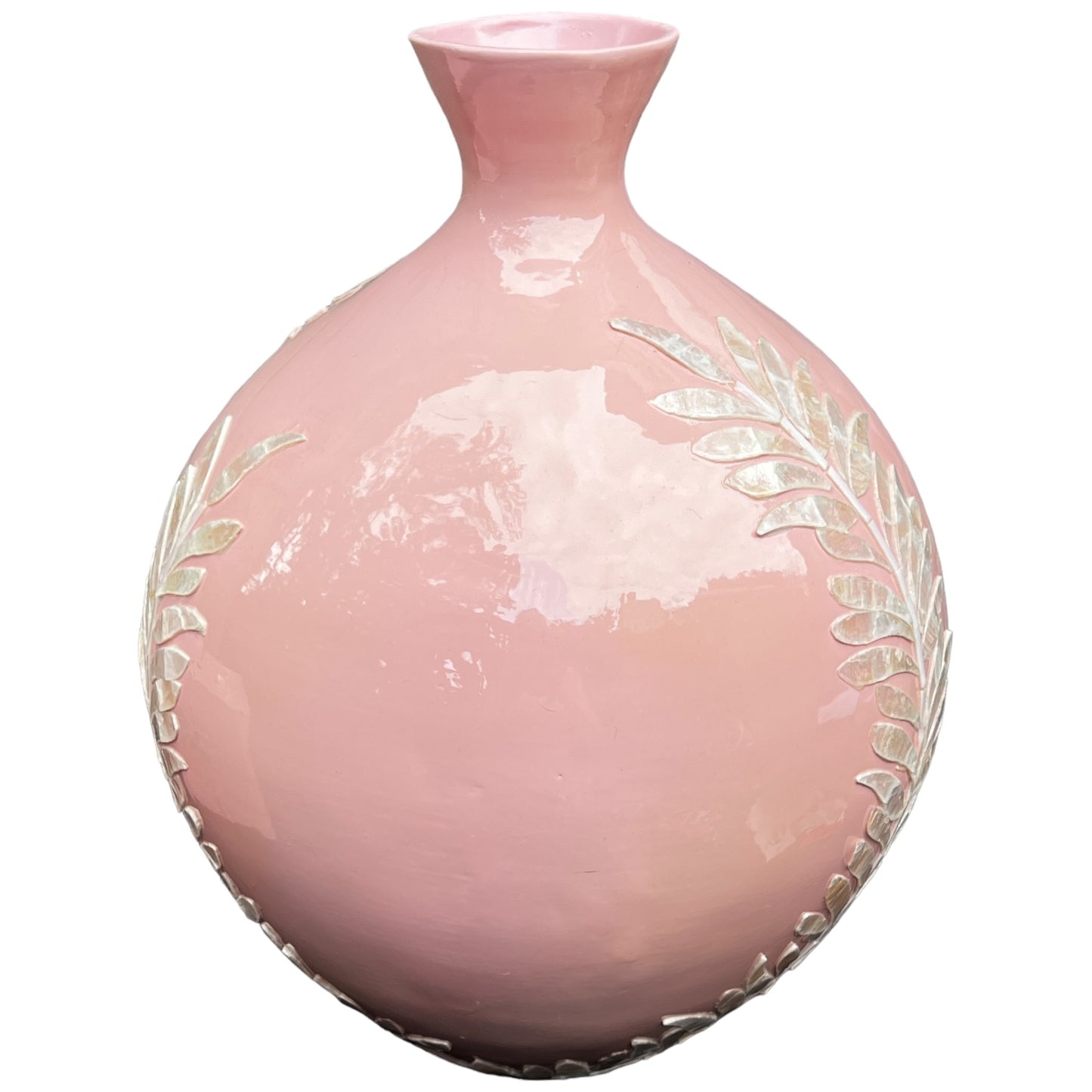 Light Pink Round Decorative Resin and Capiz Shell Vase Urn