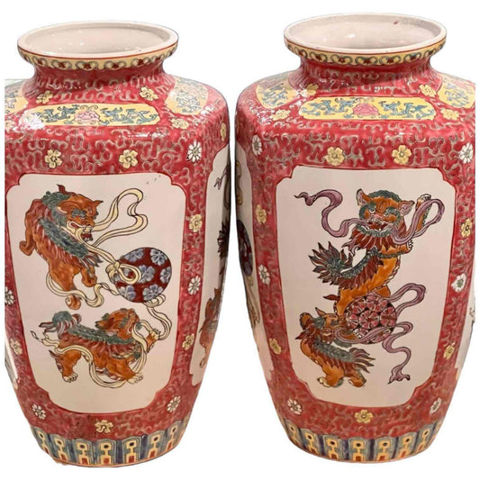 Pair of Famille Rose Handpainted Vases, Signed