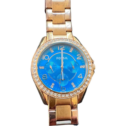 Fossil Gold Colored Watch with Faux Diamonds and Blue Face