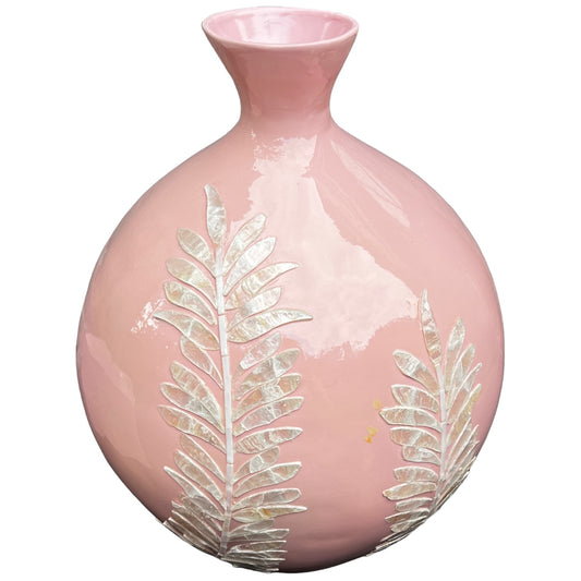 Light Pink Round Decorative Resin and Capiz Shell Vase Urn