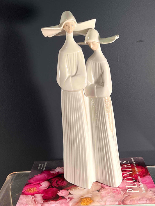 Retired Lladro Nuns Porcelain Figurine - White Gloss Porcelain, Two Nuns