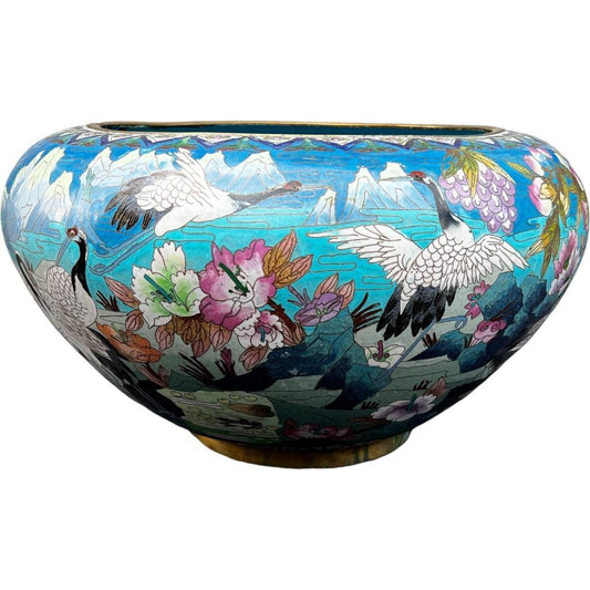 Gorgeous Clonnoise Enamel Large Centerpiece Bowl Cache Pot with Crane and Floral Motif, Vintage