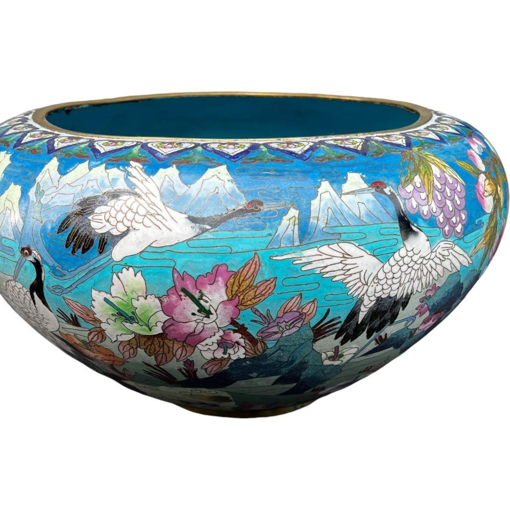 Gorgeous Clonnoise Enamel Large Centerpiece Bowl Cache Pot with Crane and Floral Motif, Vintage